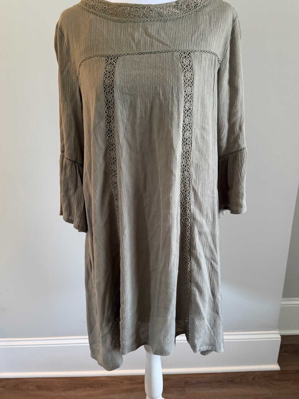 Altar'd State Olive Lace-Trim Long Sleeve Dress